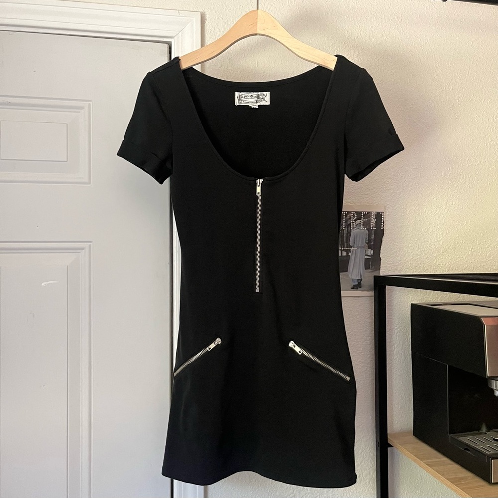SAMANTHA PLEET black‎ cotton spandex zipper detail short sleeve scoop mini dress